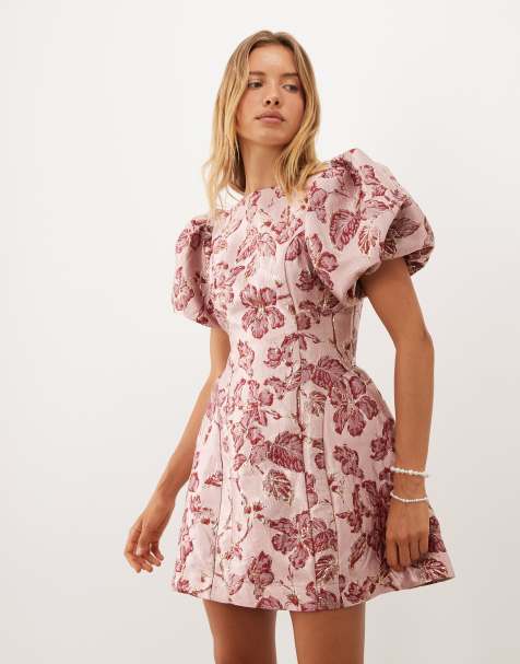 Sister Jane Quartz jacquard boat neck puff sleeve mini dress in pink floral - view 1