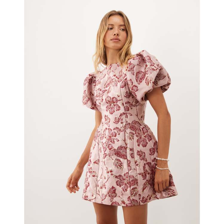 Sister Jane Quartz jacquard boat neck puff sleeve mini dress in