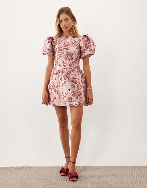 Sister Jane Quartz jacquard boat neck puff sleeve mini dress in