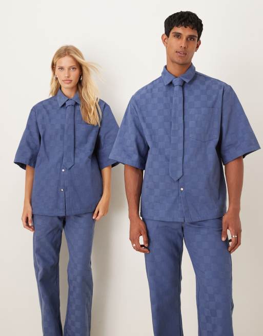 Sister Jane - Recht uniseks denim overhemd met dambord-patroon in blauw, deel van co-ord set