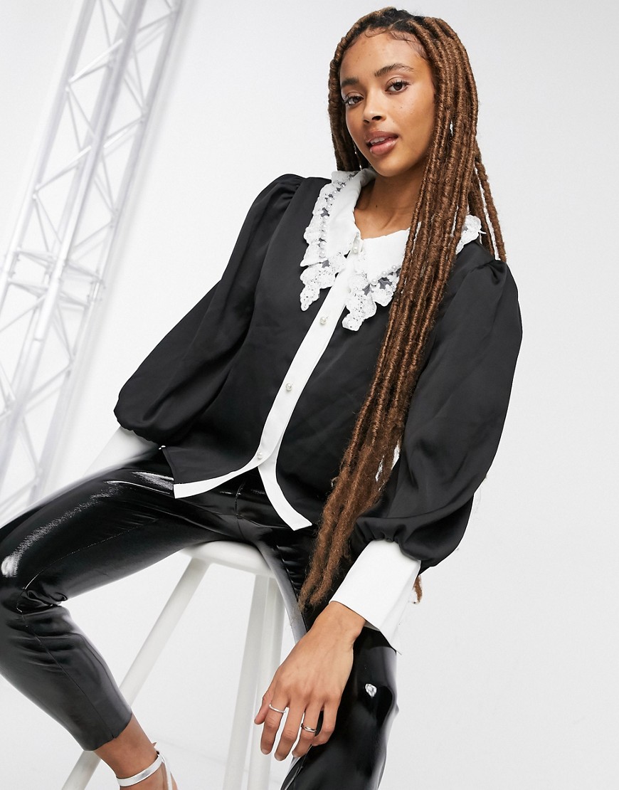 Sister Jane relaxed blouse with embellished contrast collar in black