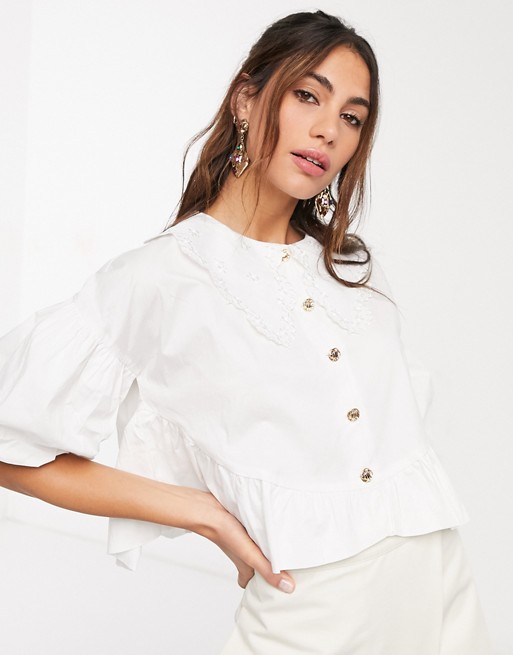 Sister Jane relaxed shirt with vintage lace collar and peplum hem