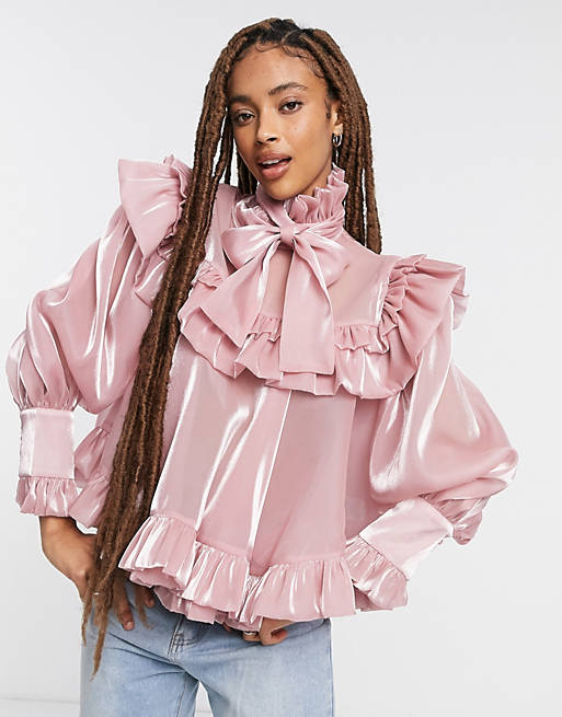 Sister Jane relaxed smock blouse with pussybow in light pink soft organza