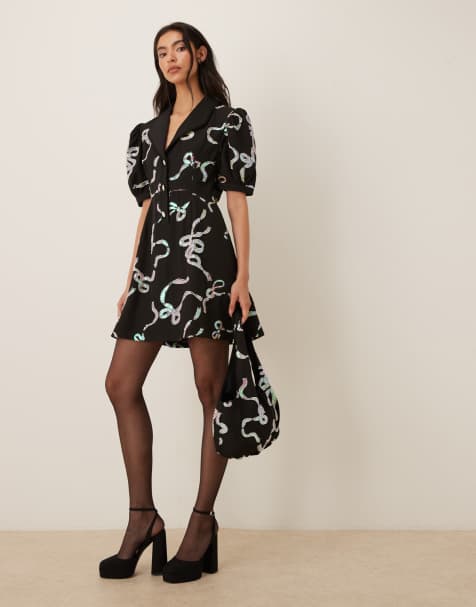 Sister Jane Ripple puff sleeve bow embellished mini dress in black - view 1