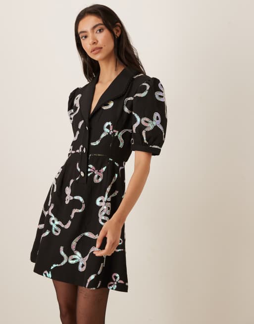 Sister Jane Ripple puff sleeve bow embellished mini dress in black, 2 of 4