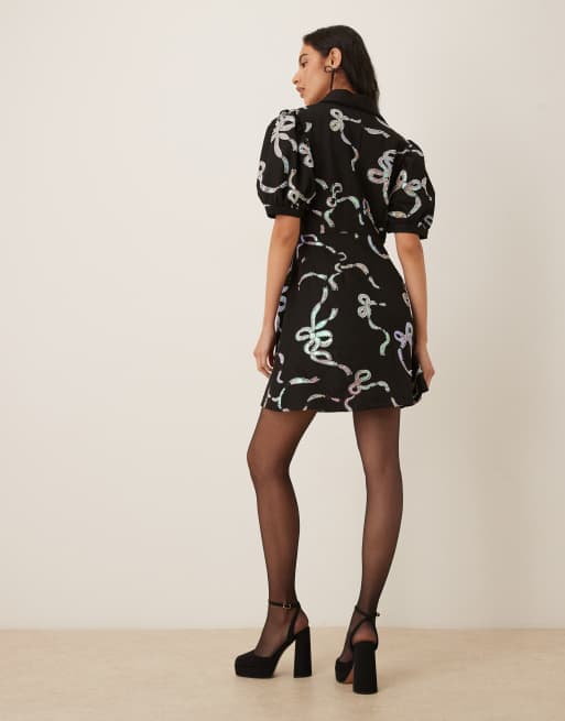 Sister Jane Ripple puff sleeve bow embellished mini dress in black, 4 of 4