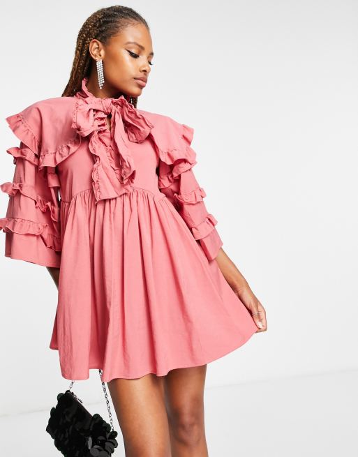 Sister Jane - Robe babydoll à volants avec col noué - Rose rouillé