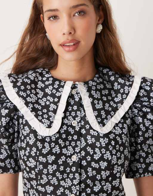 Sister Jane - Robe courte à fleurs avec col oversize contrastant - Noir, 2 de 4