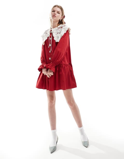Sister Jane - Robe courte à ourlet tombant et col fantaisie amovible en dentelle - Rouge