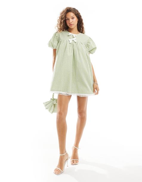 Sister Jane - Robe courte avec nœuds et carreaux vichy et bordée de dentelle - Vert - view 1