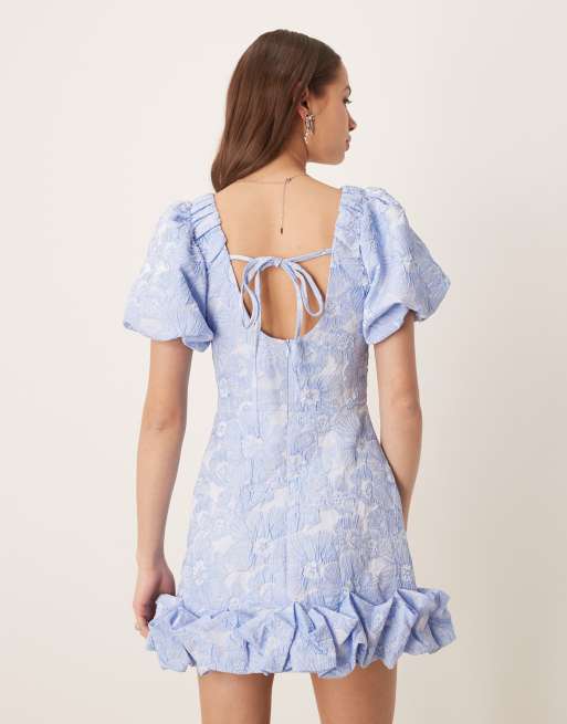 Sister Jane - Robe courte en jacquard à fleurs avec ourlet boule - Bleu pastel, 3 de 4