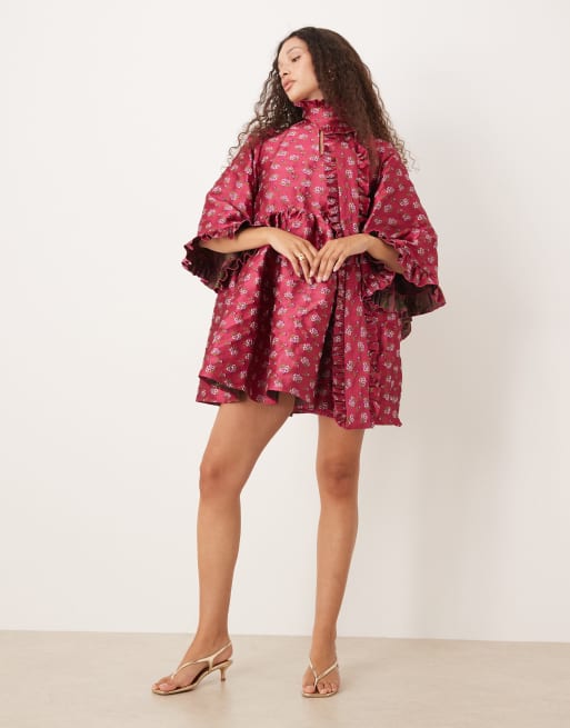 Sister Jane - Robe courte en jacquard à imprimé fleuri et col lavallière oversize - Rouge, 2 de 4