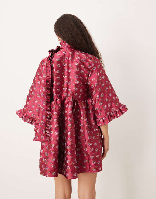 Sister Jane - Robe courte en jacquard à imprimé fleuri et col lavallière oversize - Rouge, 3 de 4