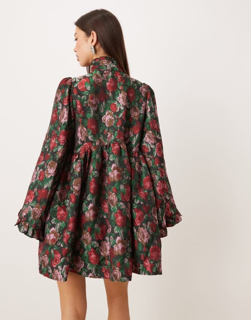 Sister Jane - Robe courte en jacquard fleuri à manches évasées et nœud - Noir, 4 de 4