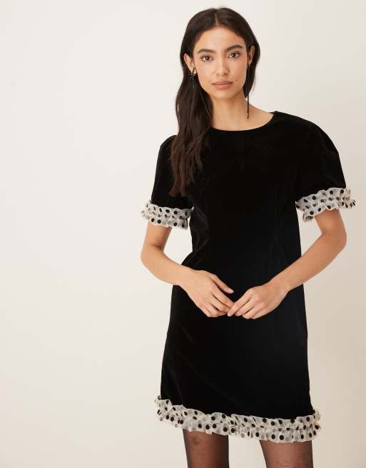 Sister Jane - Robe courte en velours à pois et ourlet à volants - Noir, 2 de 4