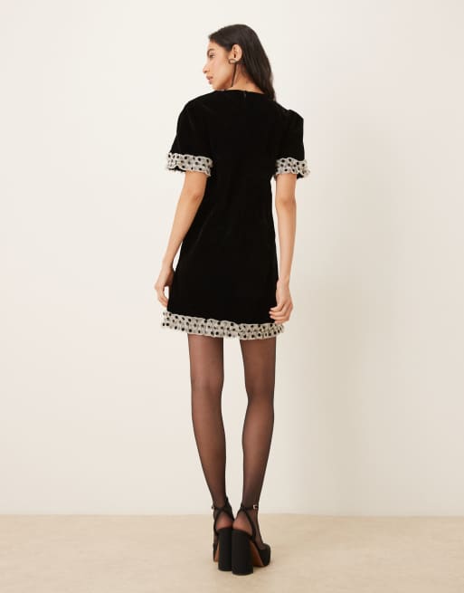 Sister Jane - Robe courte en velours à pois et ourlet à volants - Noir, 3 de 4