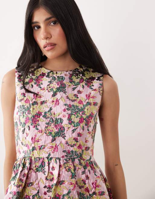 Sister Jane - Robe courte et sans manches en jacquard fleuri avec jupe boule - Rose fleuri, 3 de 4