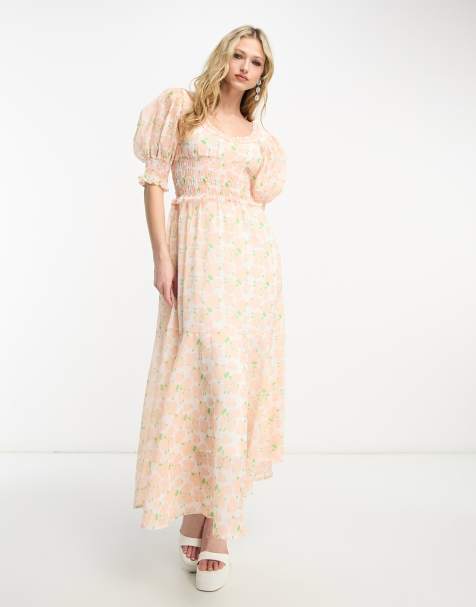 Sister Jane - Robe froncée longueur mollet à manches bouffantes - Blush fleuri - view 1