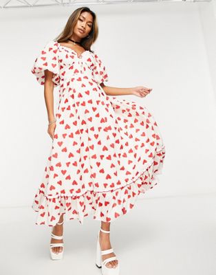 Sister Jane puff sleeve maxi dress with sweetheart neckline in heart print - ASOS Price Checker