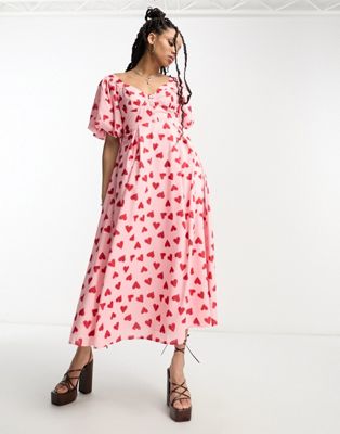 Sister Jane puff sleeve midaxi dress in pink and red heart - ASOS Price Checker
