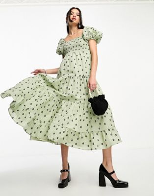 Sister Jane puff sleeve midaxi dress in olive floral - ASOS Price Checker