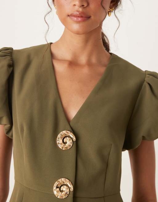 Sister Jane - Robe mi-longue avec boutons ornementés - Olive foncé, 2 de 4