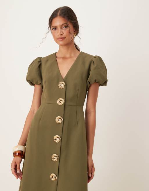 Sister Jane - Robe mi-longue avec boutons ornementés - Olive foncé, 4 de 4