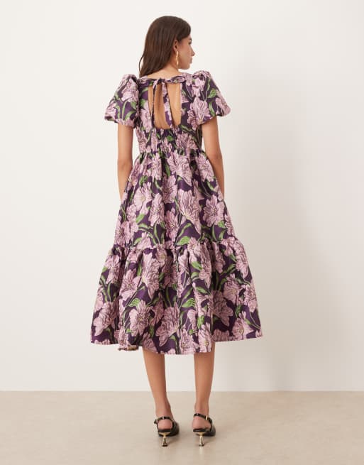Sister Jane - Robe mi-longue en jacquard à fleurs avec col V - Violet, 2 de 4