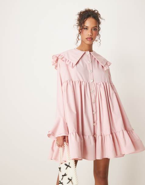 Sister Jane - Robe volantée courte avec col oversize et boutons en forme de cœurs - Rose clair - view 1