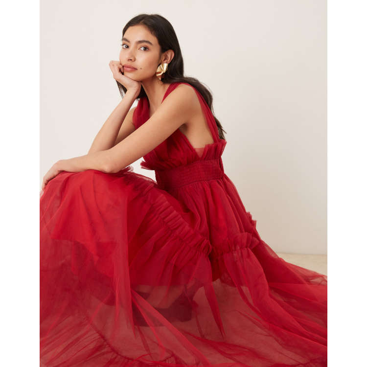 ワンピース siste jane Masterpiece Tulle Dress Sister Jane Rouge deep v-neck tulle midi dress in red | ASOS