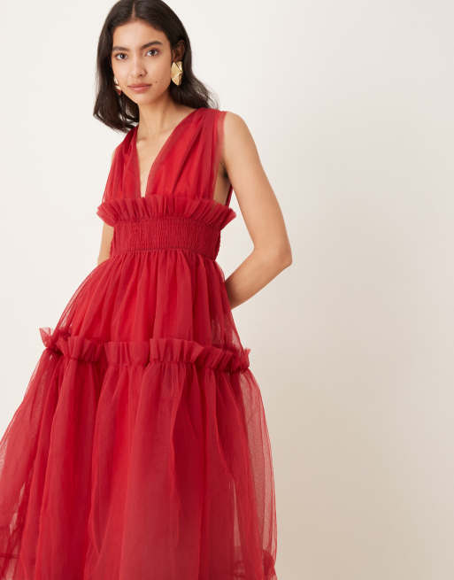 Sister Jane Rouge deep v-neck tulle midi dress in red | ASOS