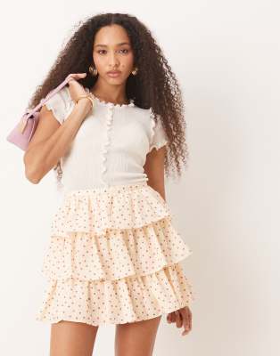 ruffle mini skirt in pink polka dot-White