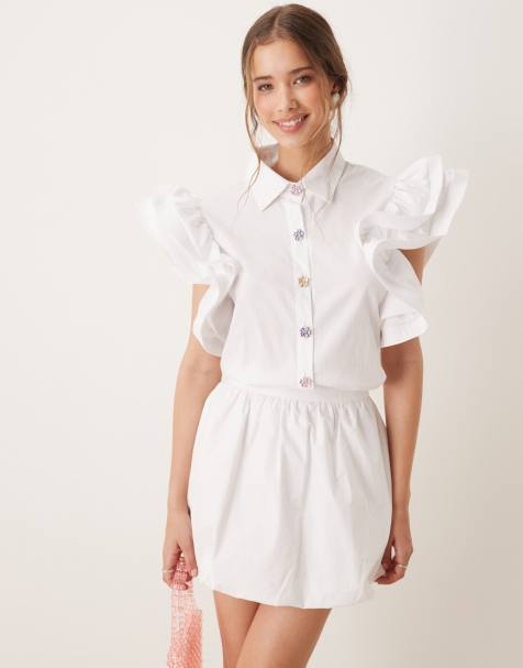 Sister Jane ruffle sleeve blouse with jewel buttons in white - view 1