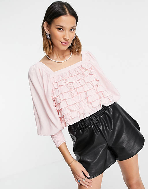 Sister Jane ruffle tier top with puff sleeves in baby pink
