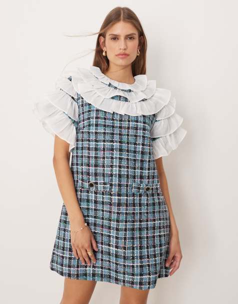 Sister Jane ruffle top tweed check mini dress in blue - view 1