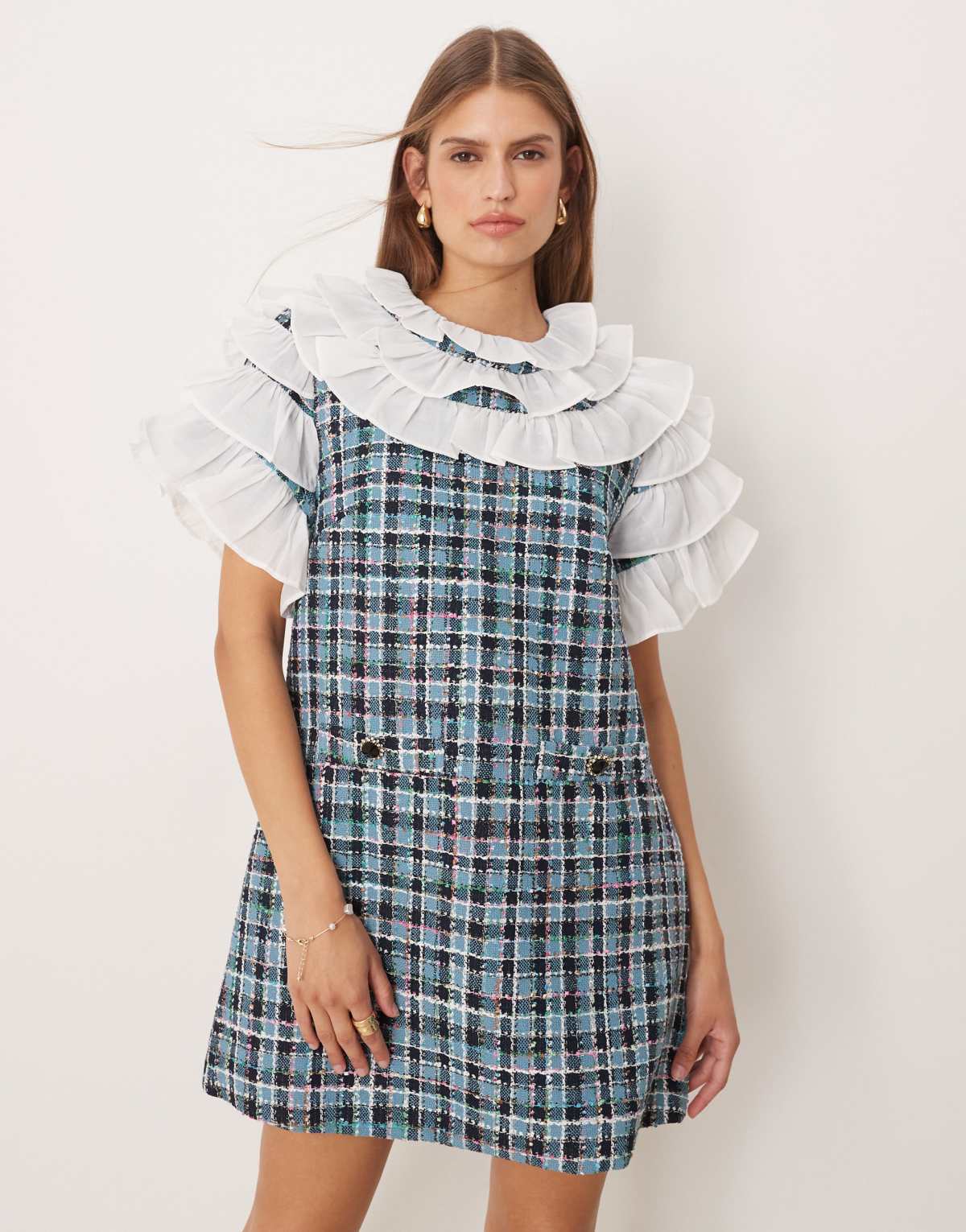 Sister Jane ruffle top tweed check mini dress in blue