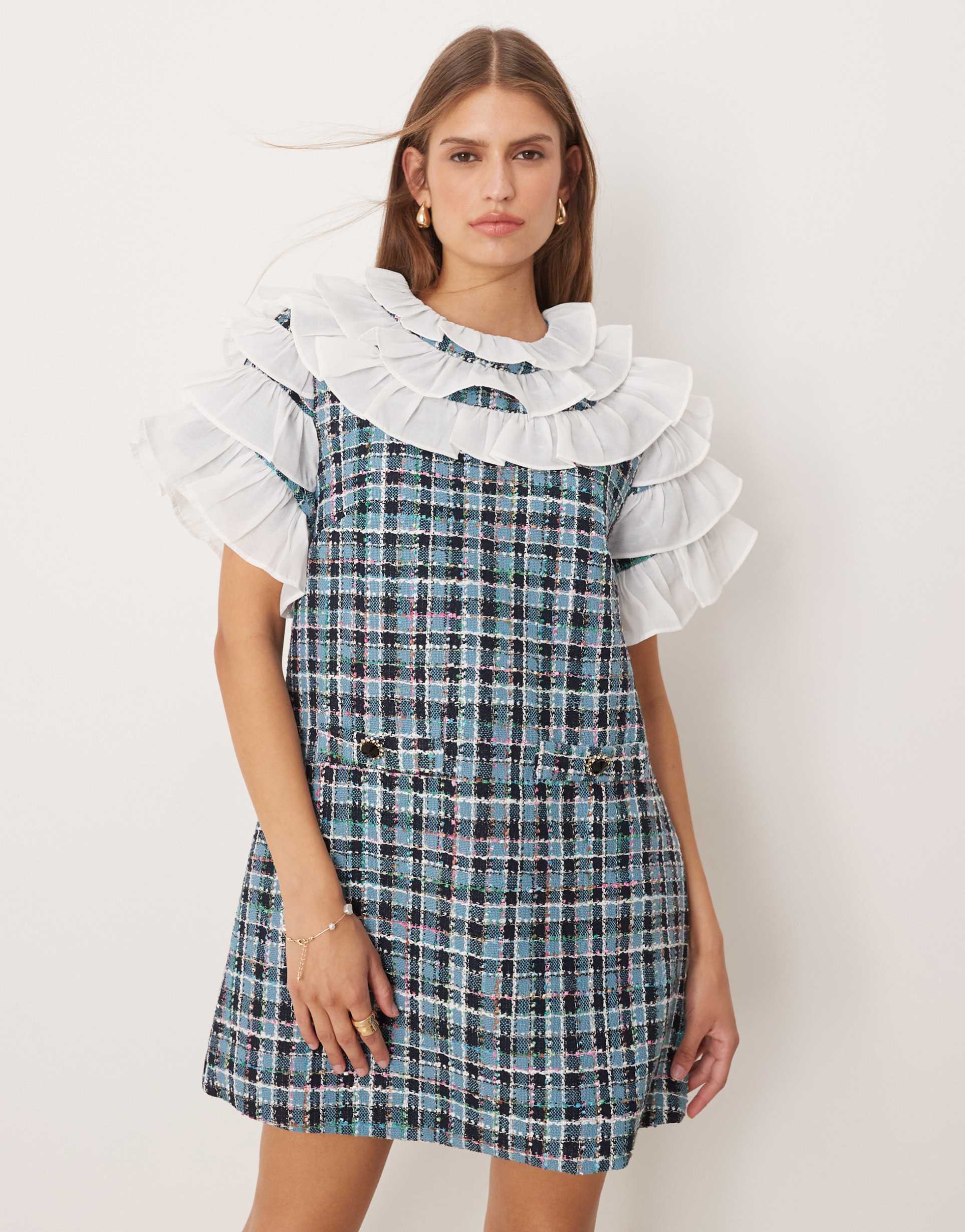 sister jane ruffle top tweed plaid mini dress in blue