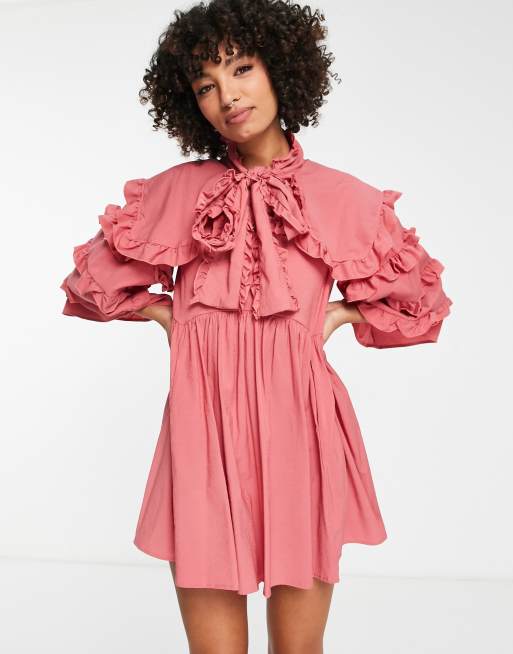 Sister Jane ruffled smock dress with bow collar in rusty pink