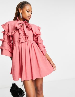 Sister Jane ruffled smock dress with bow collar in rusty pink | ASOS