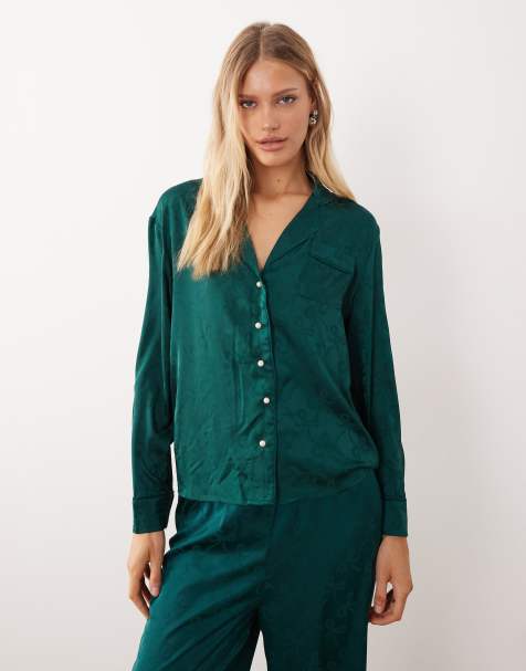 Sister Jane satin pajama shirt in emerald bow print - part of a set - view 1