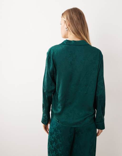 Sister Jane satin pyjama shirt co-ord in emerald bow print, 4 of 4