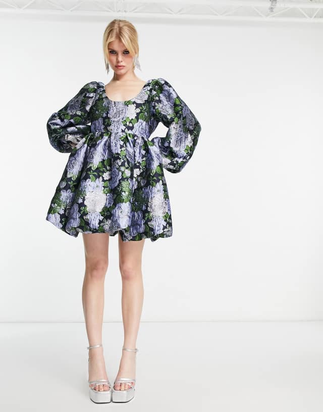 Sister Jane scoop neck mini dress with balloon sleeves in blue jacquard floral