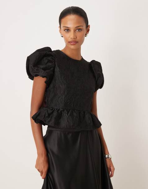 Sister Jane Screenplay jacquard puff sleeve ruffle hem open back contrast bow top in black - view 1
