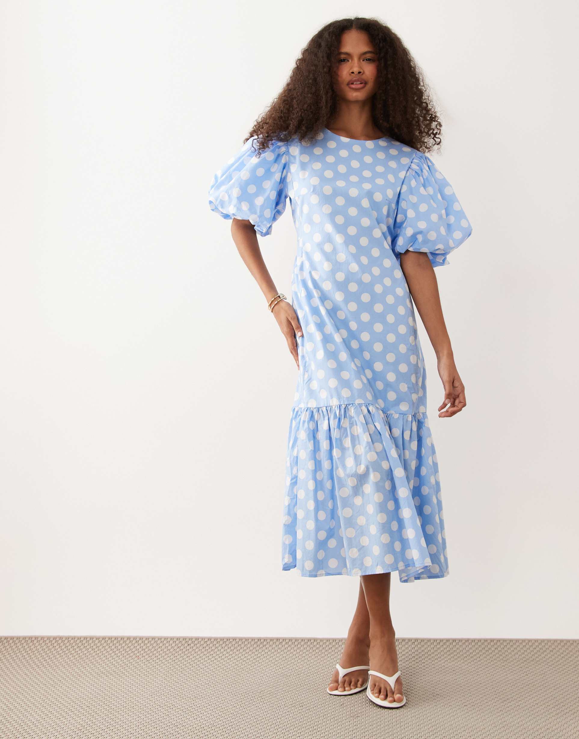 sister jane seaglass puff sleeve drop waist midi dress in blue polka dot
