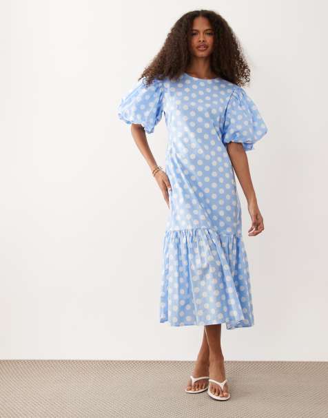 Sister Jane Seaglass puff sleeve drop waist midi dress in blue polka dot
