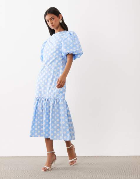 Sister Jane - Seaglass - Robe mi-longue taille basse à pois avec manches bouffantes - Bleu - view 1