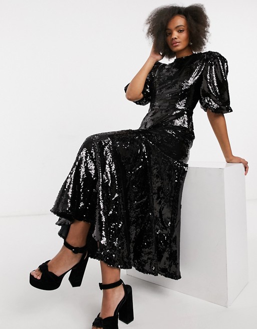 Sister Jane sequin midi dress with puff sleeves in black