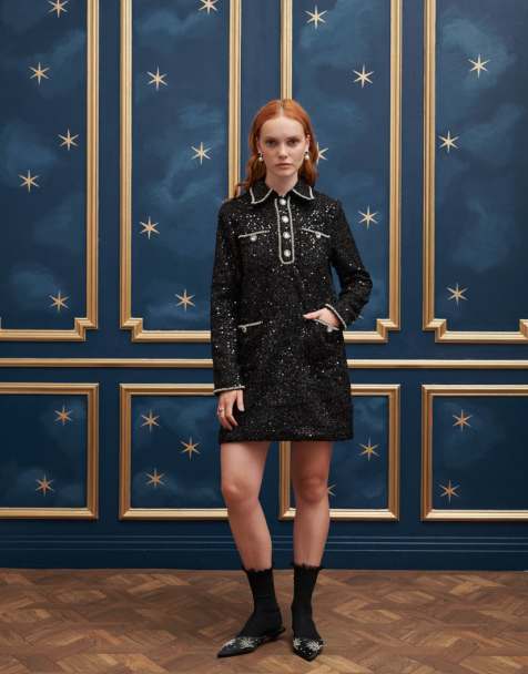 Sister Jane sequin tweed mini dress with pockets in black - view 1