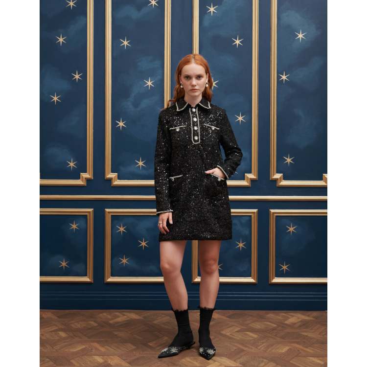 Sister Jane sequin tweed mini dress with pockets in black | ASOS