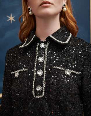 Sister Jane sequin tweed mini dress with pockets in black | ASOS